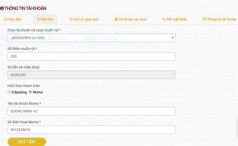 Rút tiền Alo88 qua Momo