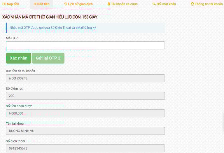 Xác nhận OTP rút tiền Alo88